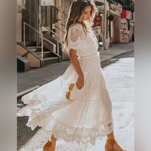 Boho Women’s White Sheer Lace Detail Maxi Dress